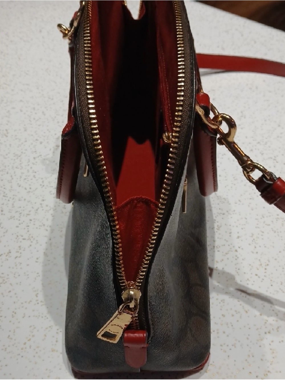 Coach Brown Signature Dome Satchel with Red Handles and Trim - Picture 9 of 11